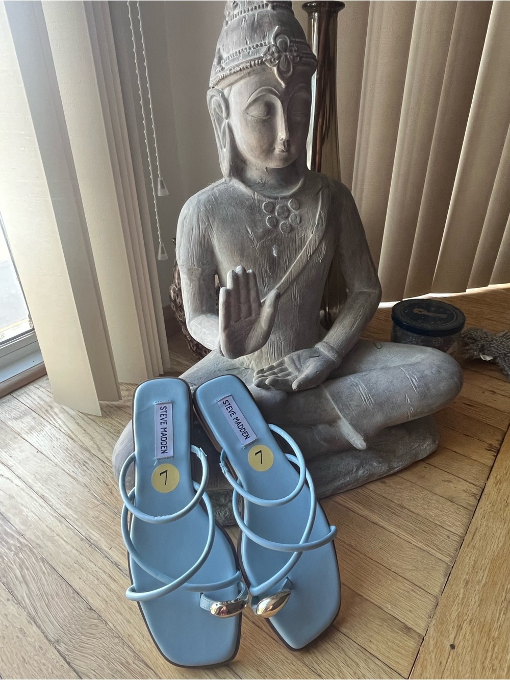 Steve Madden  Light Blue Strappy Slide Sandals with Gold Accent Size 7 NWOB